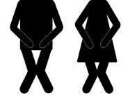 Man and woman stick figures with crossed legs